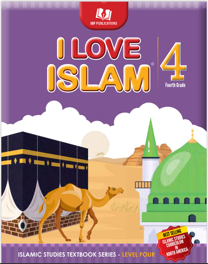 Textbook titled 'I Love Islam 4' with illustrations of the Kaaba and a camel on a purple background.
