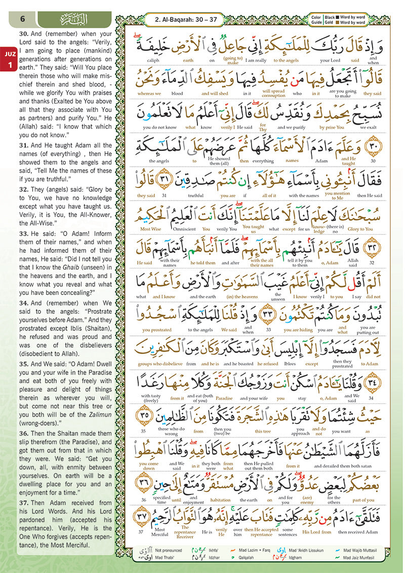 Al-Quran Al-Karim - Maqdis Qur'an (A4 / Large Size) - The Noble Qur'an with Word by Word English Translation & Color Coded Tajweed